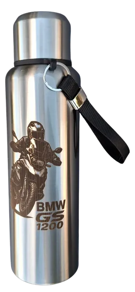 Stainless steel bottle with carrying strap and engraving of a motorcyclist with BMW GS 1200 lettering.