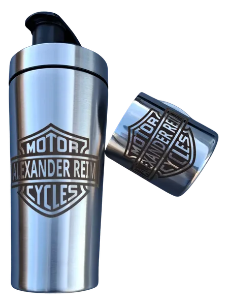 Stainless steel shaker with engraved Motor Cycles emblem and a name, front and lid view.