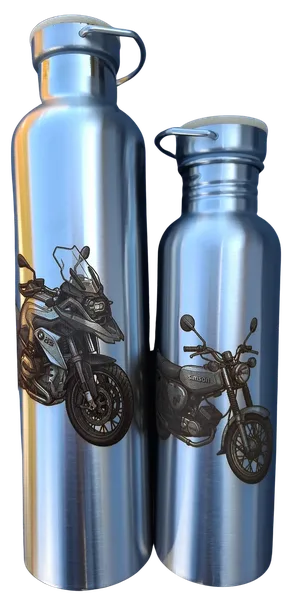 Two stainless steel bottles of different sizes, each with an engraved motorcycle illustration.
