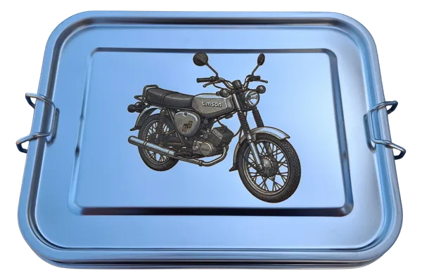 Stainless steel lunch box with an engraving of a Simson motorcycle and the inscription Simson.