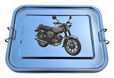 Edelstahl-Brotdose mit Gravur eines Simson-Motorrads und dem Schriftzug Simson.