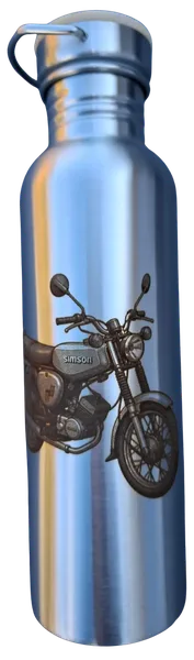Stainless steel bottle engraved with a Simson motorcycle and the "Simson" lettering.