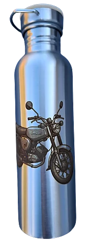 Edelstahlflasche mit Gravur eines Simson-Motorrads und dem Schriftzug Simson.