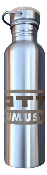 Stainless steel bottle with a close-up of the Otto Humuswerk logo engraving.