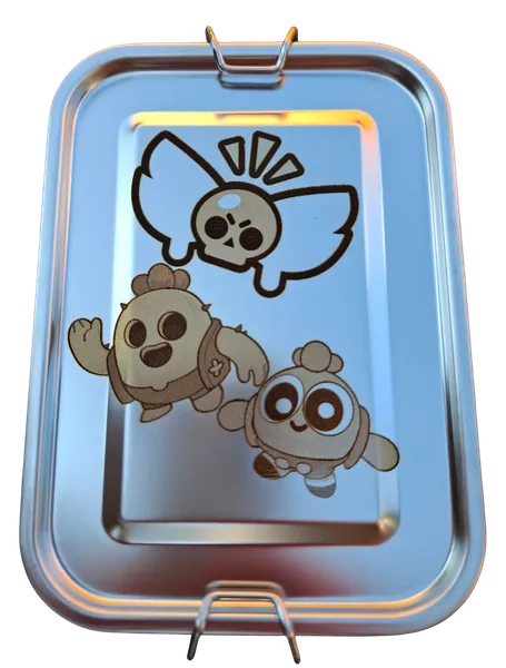 Stainless steel lunch box with an engraving of three Brawl Stars characters, second product shot.