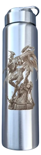 Stainless steel bottle engraved with a winged League of Legends fighter figure on a rock and the League of Legends logo.