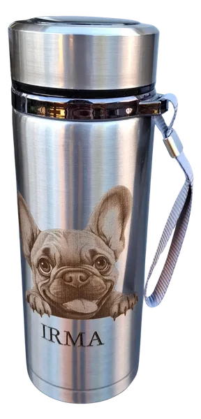 Stainless steel bottle with carrying loop and engraving of a sitting dog and the name Irma.