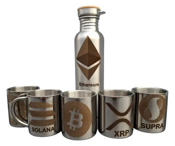 Five mugs and a bottle with engraved logos of Ethereum, Bitcoin, Solana, XRP, and Supra.