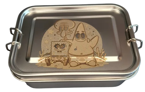 Stainless steel lunch box engraved with SpongeBob and Patrick in front of a moon scene.